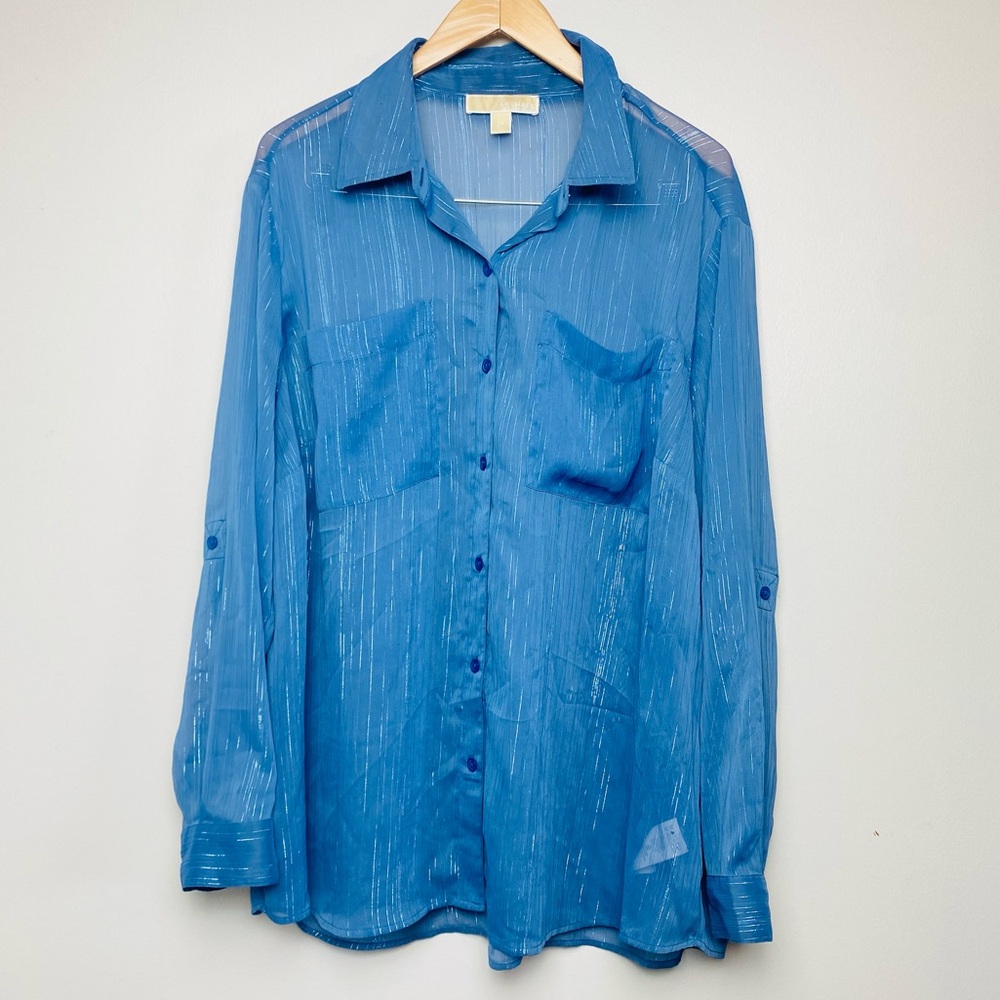 Michael Kors Blue Sheer‎ Metallic Striped Button Up Blouse Women's 2X - Picture 2 of 7